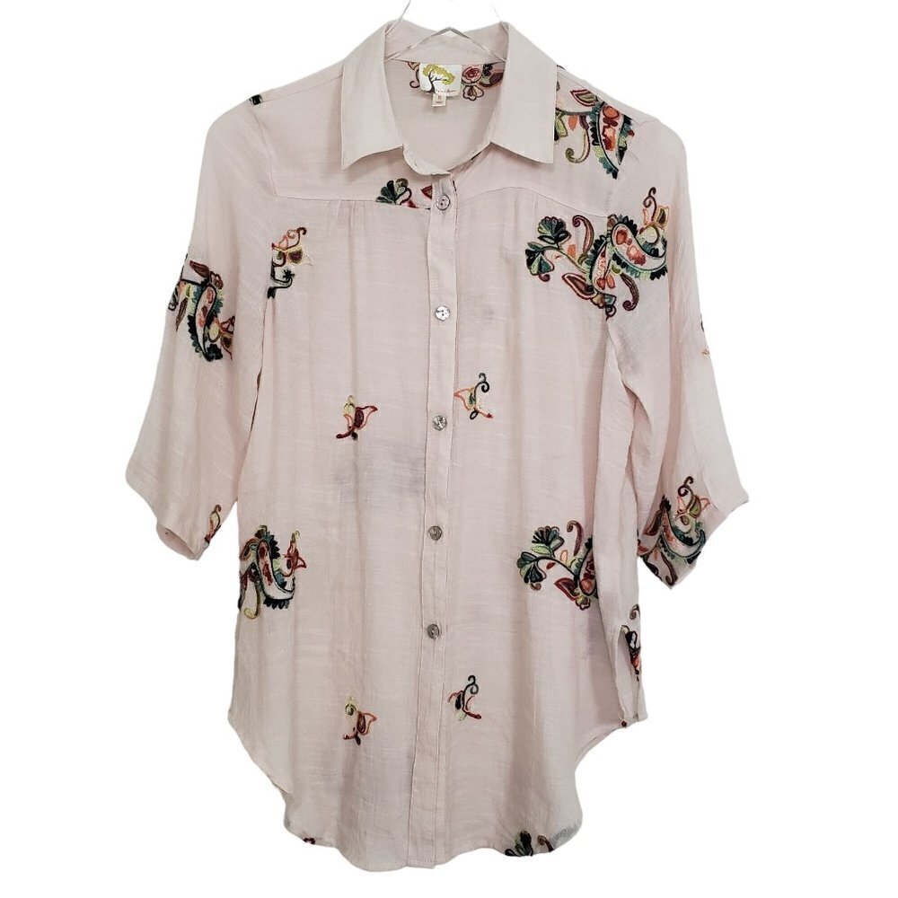Fig & Flower Embroidered Paisley Top Boho Oversized Pink Womens Size Small